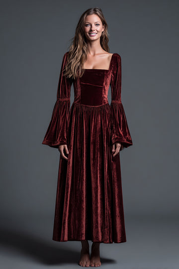 Burgundy A-Line Square Neck Holiday Party Dress with Flare Sleeves